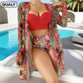 Conjunto Biquíni 3 Peças Feminino com Saída de Praia Estampa Tropical